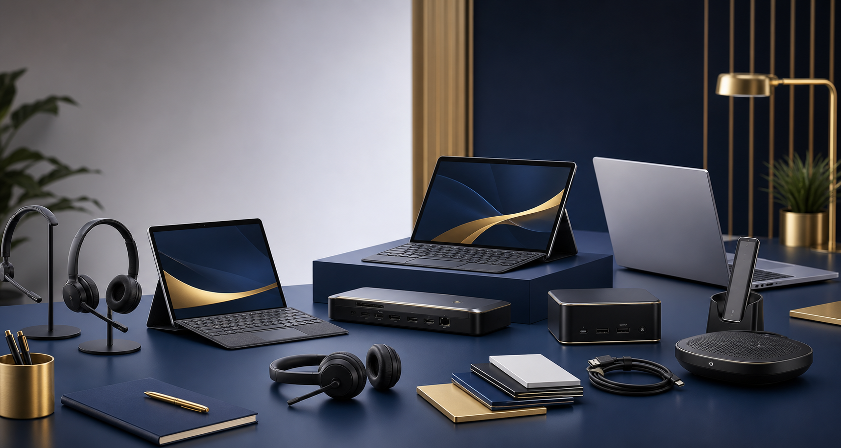 Business laptops, tablets, headsets, speakerphones, docks, and accessories arranged on a navy desk